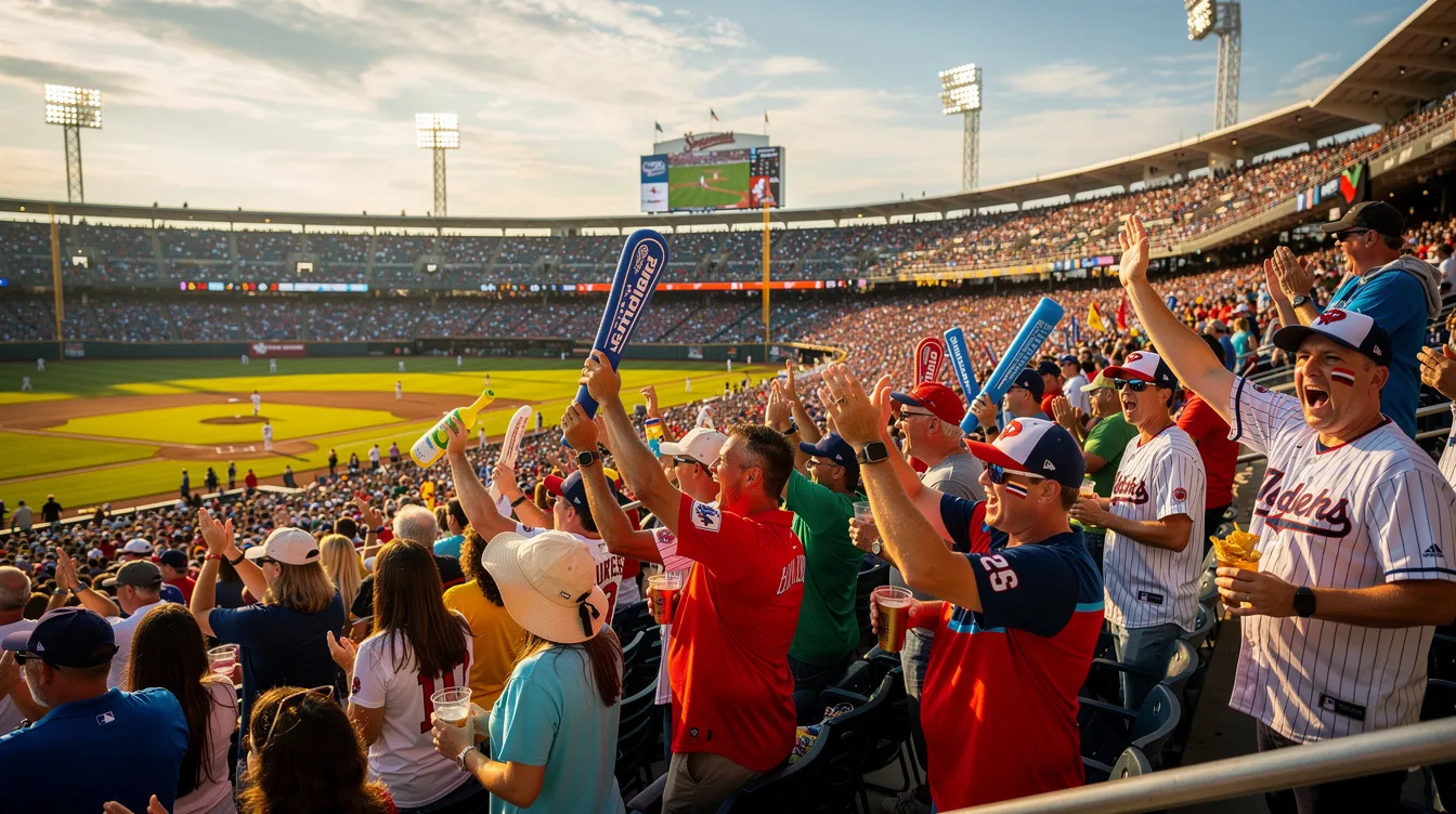 A vibrant scene of baseball fans cheering enthusiastically in stadium seats on a sunny afternoon, capturing the excitement of a Kansas City game. The atmosphere is filled with joy as families and friends gather to enjoy live entertainment and create unforgettable memories.