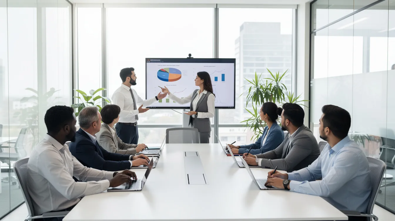 The image depicts a diverse group of workers engaged in a meeting within an office environment, discussing important topics related to workplace rights and employment law. This scene reflects a collaborative atmosphere where employees from various backgrounds come together to ensure fair labor practices and address issues such as workplace discrimination and safety.