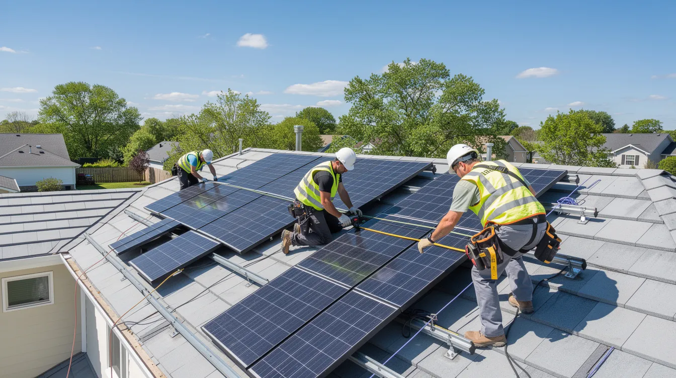 A group of workers is diligently installing solar panels on a rooftop under a bright blue sky, symbolizing the growth of renewable energy jobs. This scene reflects the importance of sustainable labor practices and the labor movement's push for fair representation and collective bargaining in the green jobs sector.