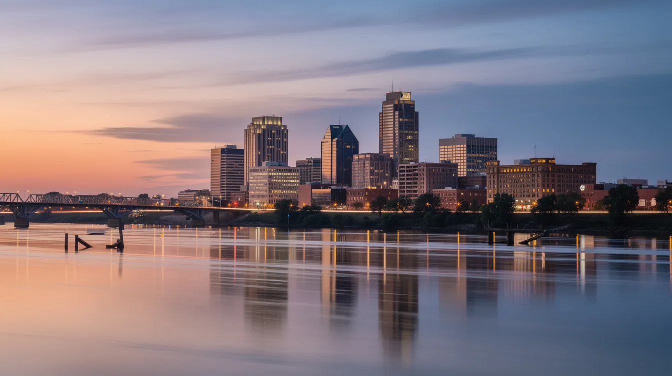 The image shows a wide view of the Kansas City skyline at dusk, with the Missouri River flowing in the foreground. The city is illuminated by the soft glow of lights, highlighting the downtown area and creating a picturesque scene of urban life.