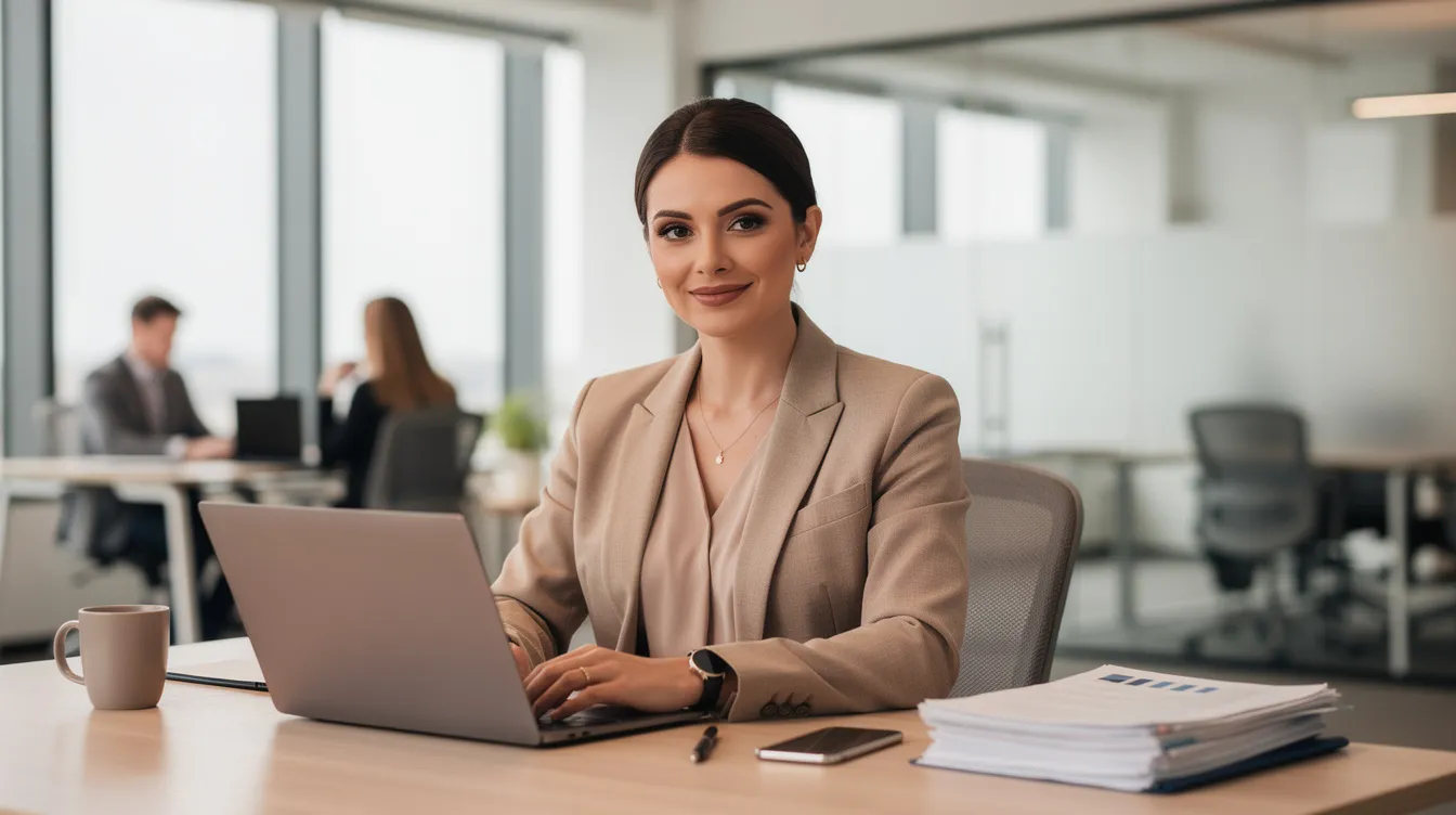 A confident professional woman is seated at her office desk, actively engaging with her work. The image reflects an empowered atmosphere, highlighting the importance of fair treatment in the workplace, particularly regarding issues like pregnancy discrimination and the rights of pregnant employees.