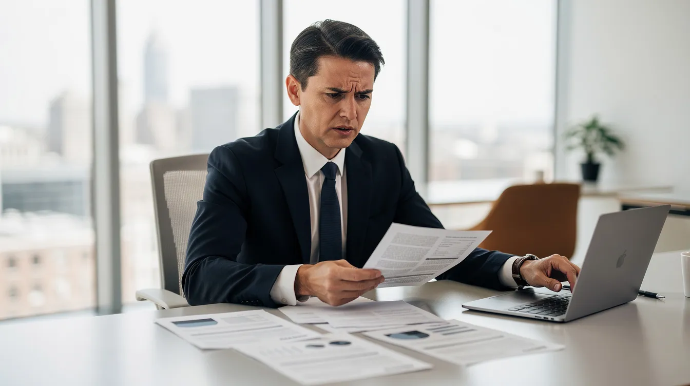 A professional person in business attire appears concerned while reviewing documents at a desk in a modern office, possibly contemplating a situation involving employment retaliation or a complaint related to discrimination. The office setting reflects a focus on maintaining employee morale and addressing issues that could lead to adverse actions against workers.