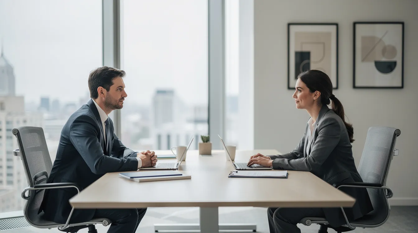 The image depicts two professionals engaged in a calm conversation in an office setting, suggesting a supportive environment for discussing topics such as parental leave rights and the adoption process. This serene atmosphere may facilitate important discussions about job-protected leave options for adoptive parents and eligible employees.