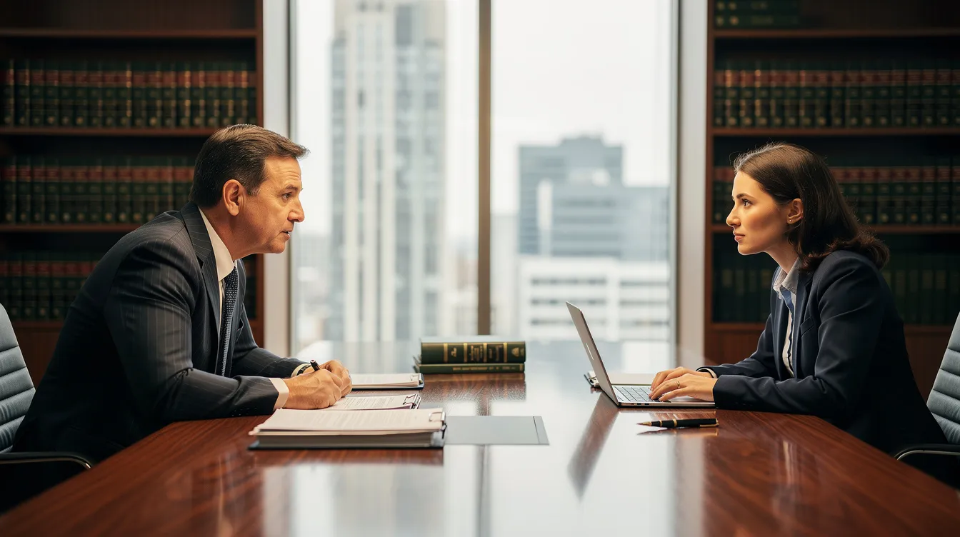 In a law office conference room, two professionals engage in a serious discussion, likely about employment law matters such as workplace discrimination or wrongful termination claims. The setting reflects a formal atmosphere conducive to addressing legal issues pertinent to Dallas employment lawyers and their clients.