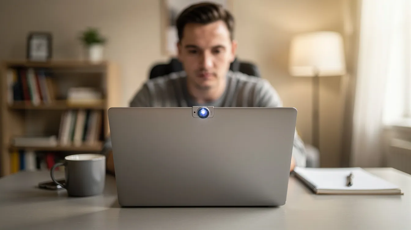 A person is seated at a desk working from home on a laptop, with a visible webcam indicating the use of employee monitoring technology. This setup highlights the modern workplace's focus on tracking employee productivity and ensuring workplace privacy amidst remote work.
