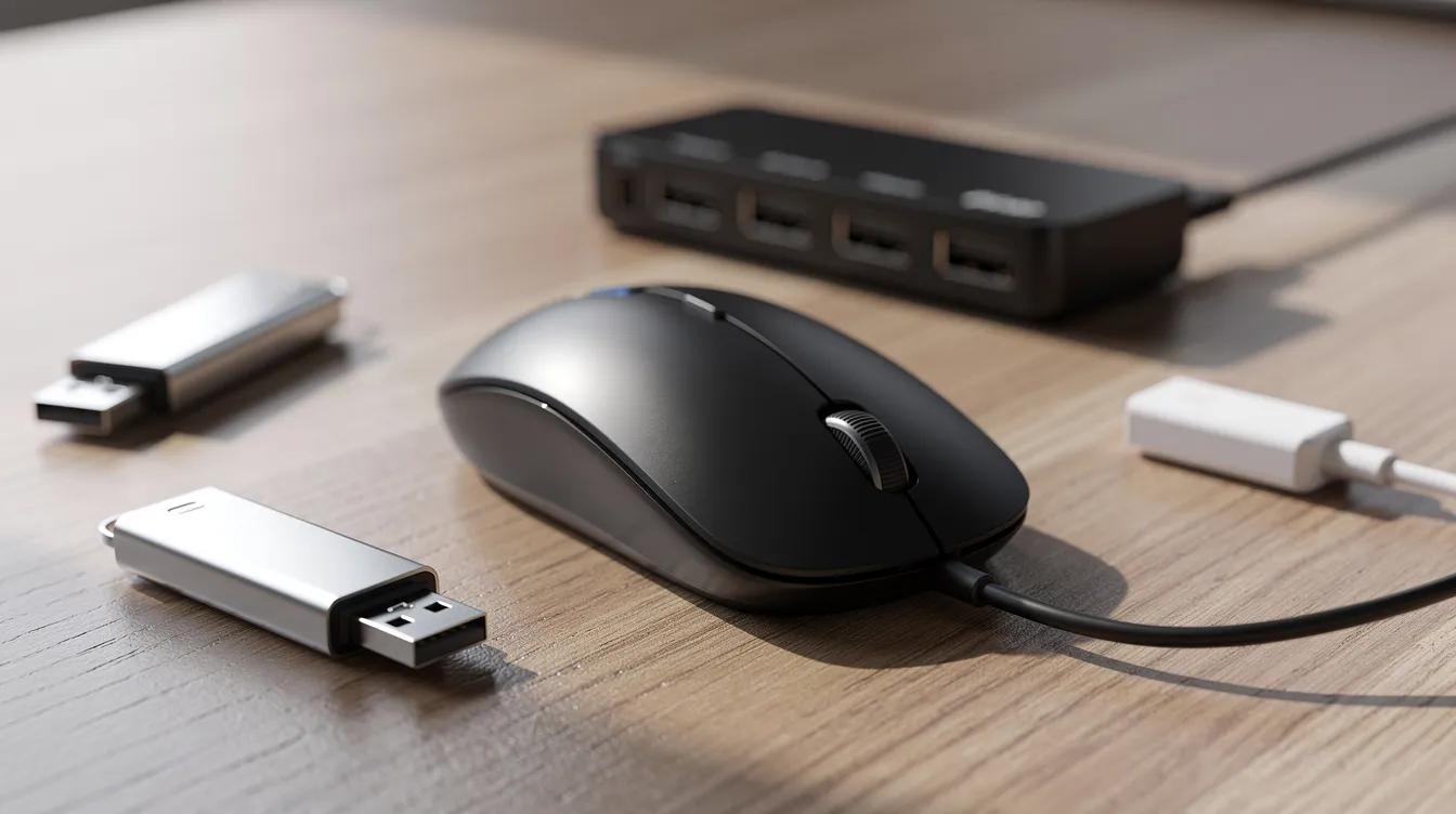 The image shows a computer mouse alongside various USB devices placed on a desk, representing tools commonly used in the modern workplace. These devices are essential for employee monitoring and productivity tracking, highlighting the integration of technology in managing remote workers and workplace surveillance.