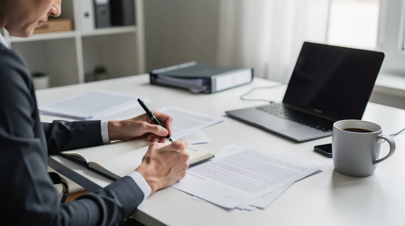 A person is seated at a desk, reviewing legal documents and taking notes, likely related to employment law matters such as workplace discrimination or wrongful termination claims. The setting suggests a focus on labor and employment issues, which may involve consultations with experienced Dallas employment attorneys.