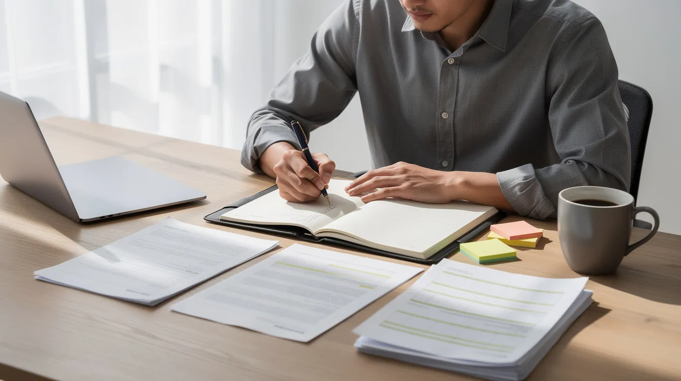 A person is seated at a table, reviewing documents and taking notes, possibly related to workplace discrimination or pregnancy discrimination cases. The setting suggests a focus on understanding employee rights and legal matters, including federal and state laws that protect pregnant workers.