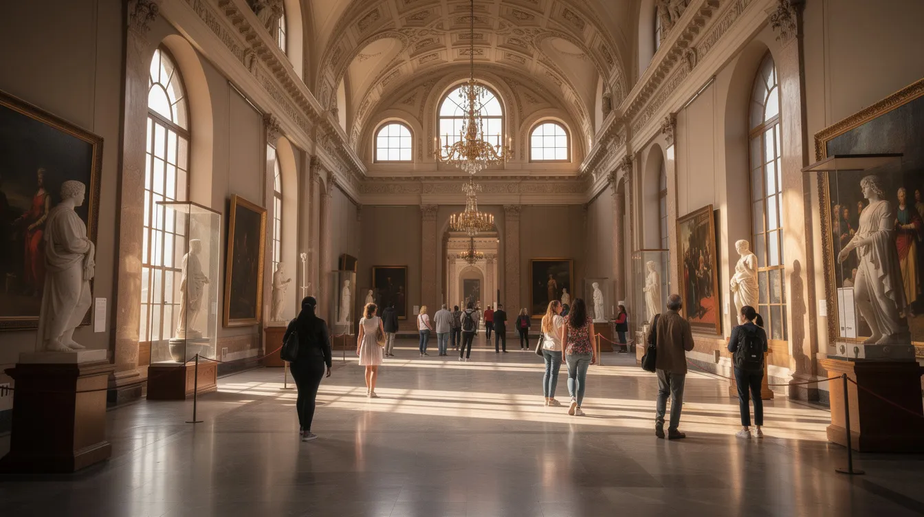 A vibrant scene of people walking through a grand museum hall with soaring ceilings, showcasing contemporary art and providing a perfect backdrop for photo opportunities. Visitors of all ages explore the beauty and stories within the collection, making it an ideal destination for families and history buffs in the Kansas City area.