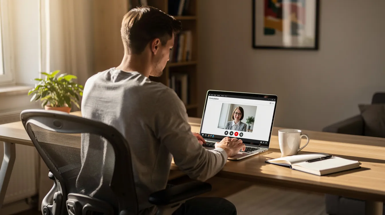 A person is seated at a home desk, focused on their laptop while engaged in a video consultation, possibly discussing topics related to employment law or workplace rights. The setting suggests a comfortable home office environment, highlighting the importance of remote communication in today's professional landscape.
