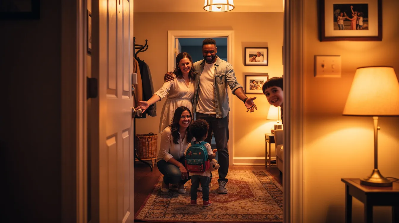 A warm and inviting family scene captures adoptive parents joyfully welcoming their newly adopted child into their home, surrounded by soft lighting that enhances the loving atmosphere. This moment signifies the beginning of a new family dynamic, emphasizing the importance of bonding leave and support for adoptive families during the adoption process.