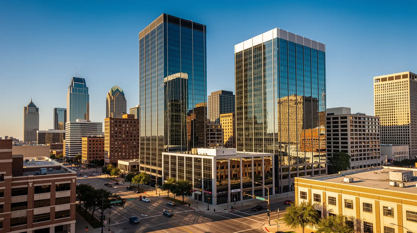 The image depicts a professional cityscape of downtown Dallas, showcasing modern office buildings against a clear blue sky. This vibrant urban scene reflects the bustling atmosphere of Dallas, Texas, a hub for employment law and legal specialization, where experienced Dallas employment attorneys assist clients with workplace disputes and employment law matters.