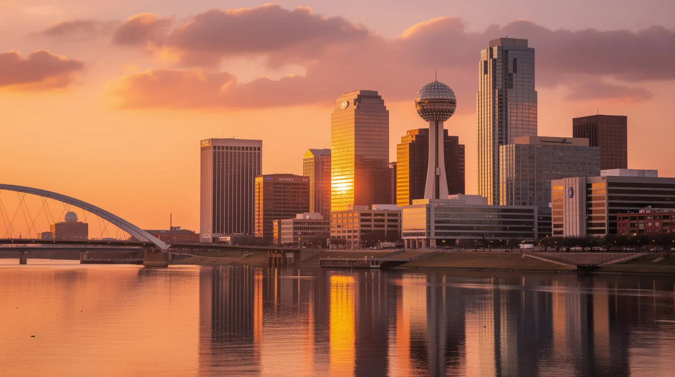 The image depicts the Dallas city skyline illuminated by the warm hues of a sunset, showcasing a blend of modern skyscrapers and historic buildings. This vibrant scene captures the essence of Texas employment, highlighting the bustling urban environment where workplace rights and fair labor standards are essential for local employees.