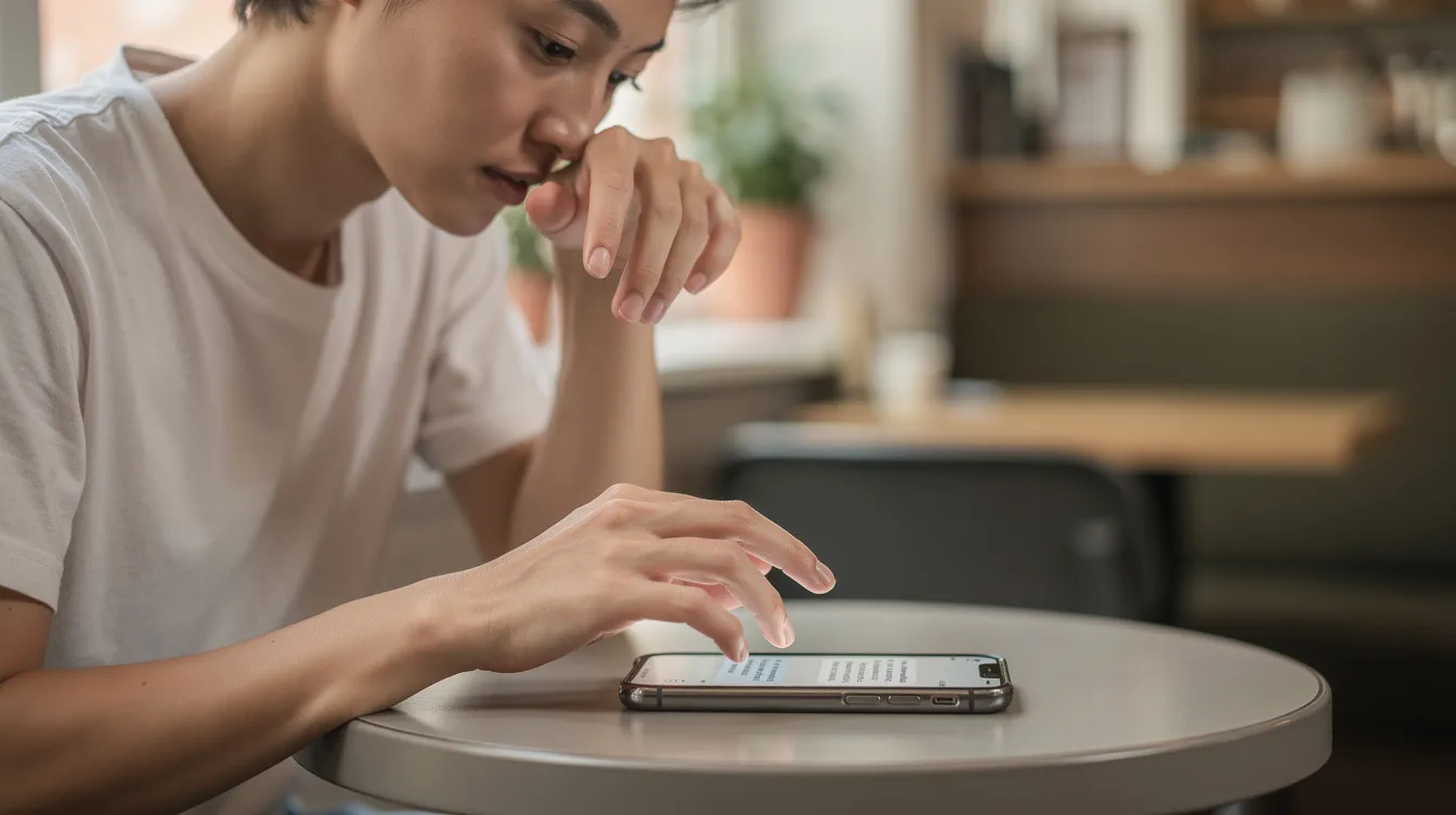 A person is pausing thoughtfully while holding a smartphone, contemplating their next action before typing. This moment reflects the importance of good judgment in managing personal social media accounts, especially in the context of workplace policies and online behavior.