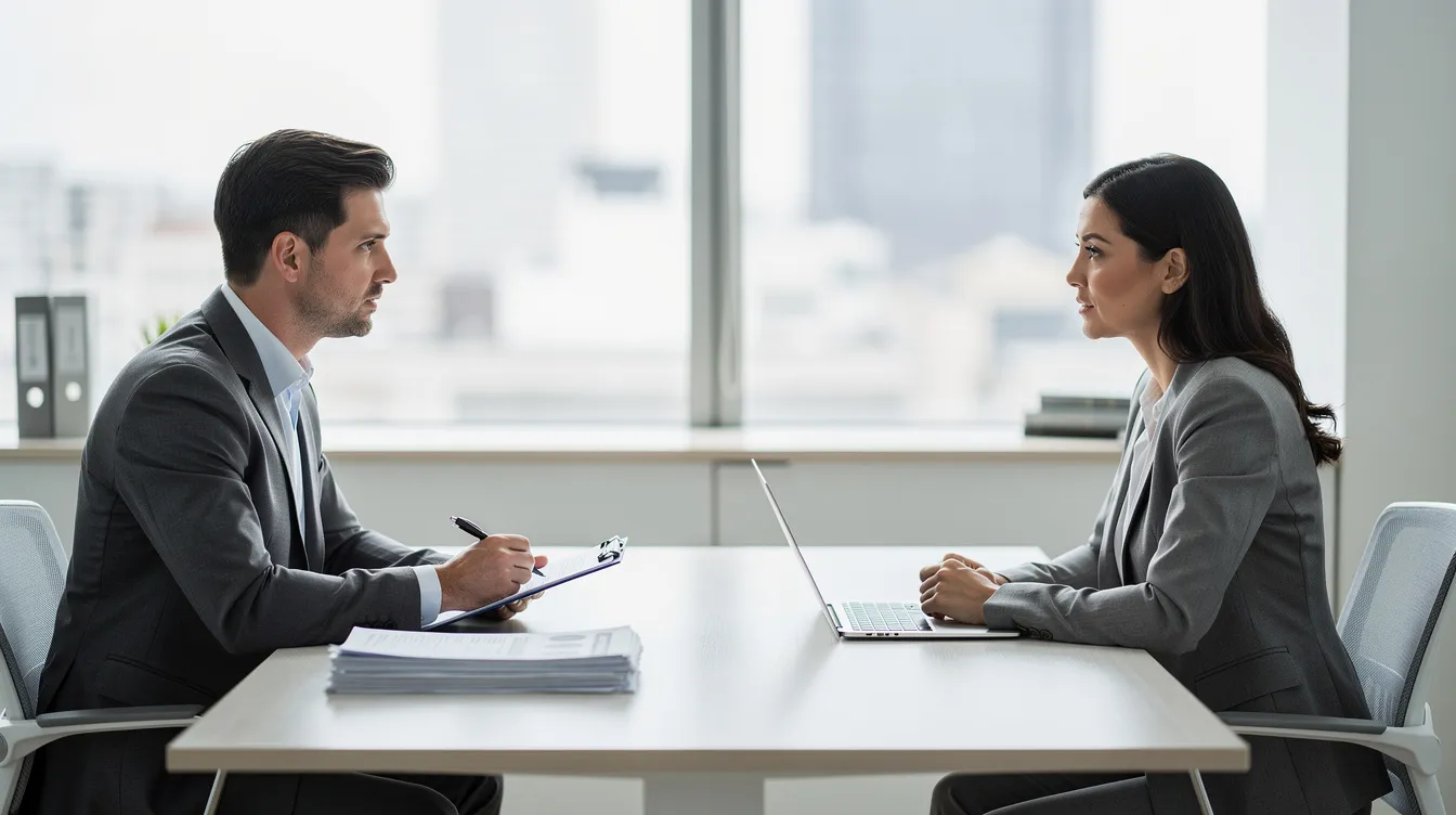 The image depicts a professional job interview setting with two individuals seated at a desk in an office environment, emphasizing the importance of fair pay practices and equal pay in the hiring process. The job applicant and hiring manager appear engaged in discussion, likely addressing topics such as salary expectations and the applicant's salary history.