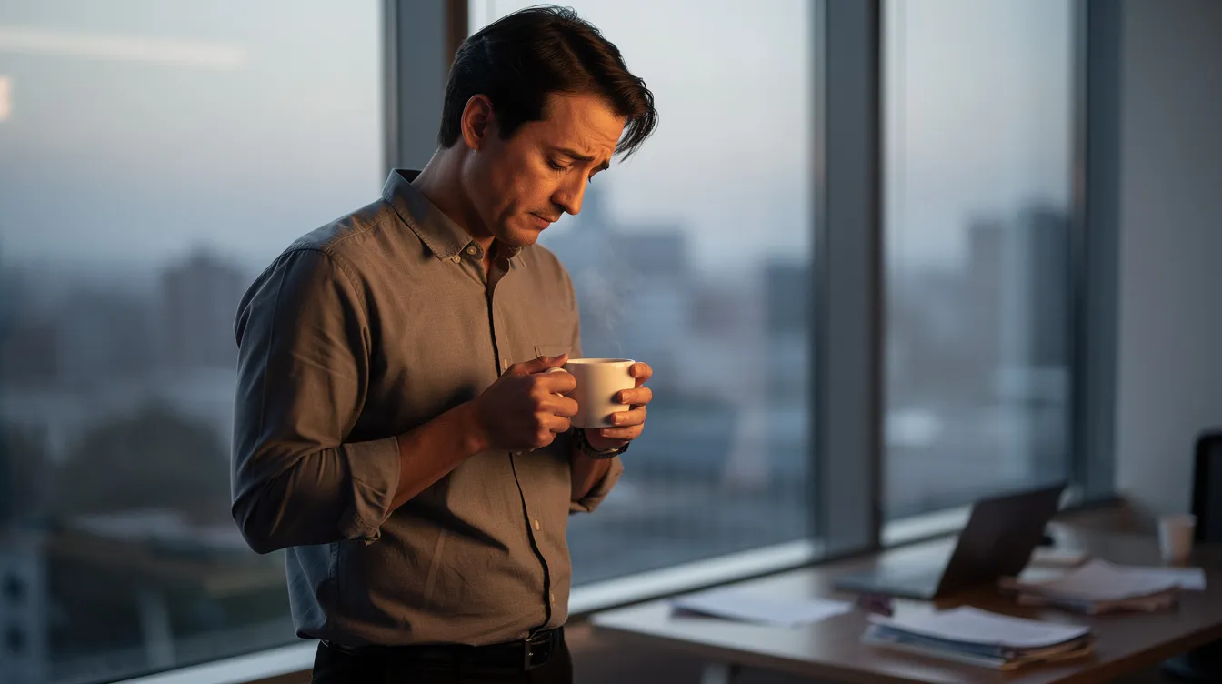 A weary worker stands in the soft glow of early morning light, clutching a coffee cup, symbolizing the challenges faced by employees under the Chicago Fair Workweek Ordinance. This image reflects the need for predictable work schedules and advance notice of shifts, essential for maintaining a balanced life for covered employees.