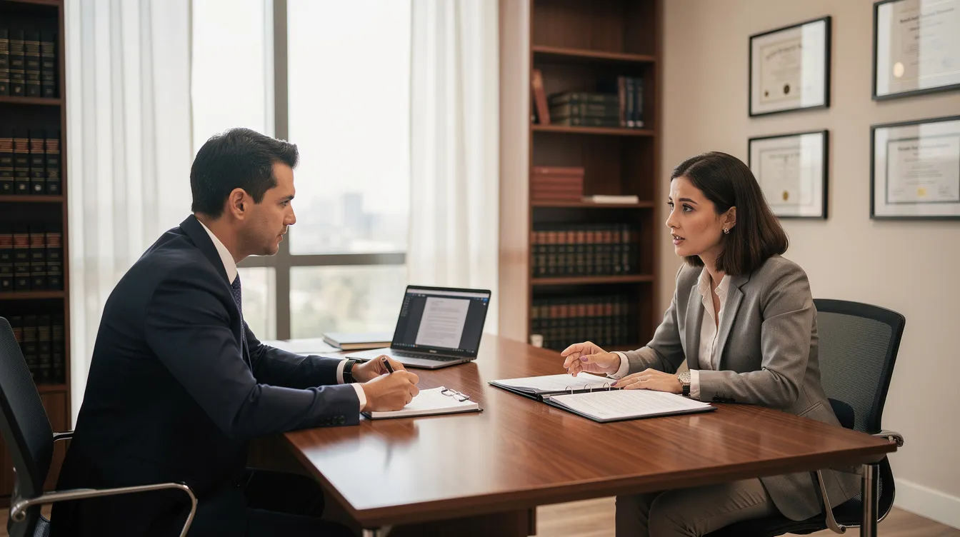 The image depicts a lawyer and a client engaged in a professional consultation within an office, discussing matters related to fair pay practices and salary history ban regulations. The setting conveys a serious atmosphere as they explore issues of pay discrimination and the implications of the Equal Pay Act in the hiring process.