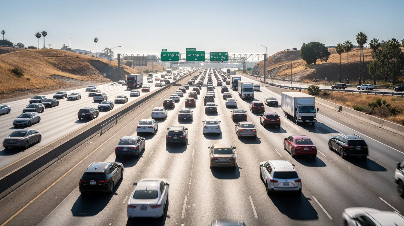 The image depicts a busy California highway filled with cars during the daytime, showcasing the vibrant transportation network where drivers navigate the roads. This scene highlights the importance of understanding auto insurance options, such as liability coverage and personal injury protection, especially in the context of California ballot initiatives aimed at addressing issues like car accidents and medical expenses for accident victims.