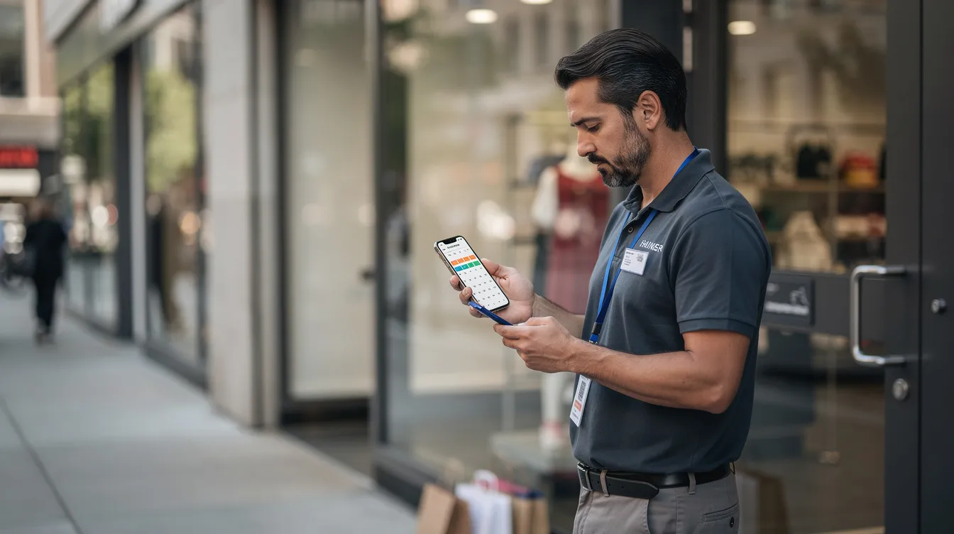 A worker stands outside a retail store, checking their phone calendar for work schedules, which may include details about advance notice of shifts and any schedule changes. This scene highlights the importance of predictable work schedules and compliance with the Chicago Labor Laws Fair Workweek Ordinance for covered employees.