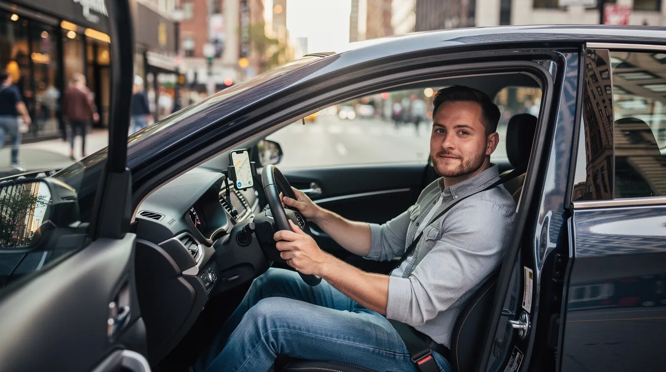 The image shows a rideshare driver sitting in their car on a bustling city street, ready to accept ride requests from passengers. The scene highlights the importance of rideshare insurance and the potential for personal injury protection in case of a car accident, reflecting ongoing discussions around California ballot initiatives related to transportation network companies.