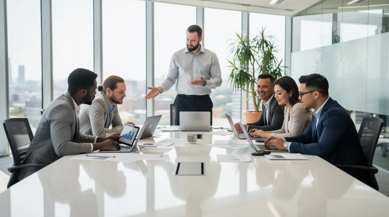 The image depicts a diverse group of office workers engaging in collaboration around a conference table, discussing ideas and strategies. This scene reflects the importance of fair pay practices and equal work, as diverse teams contribute to addressing wage disparities and ensuring compliance with equal pay laws.
