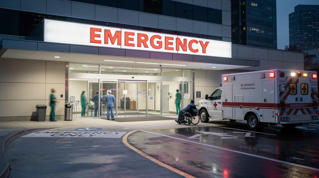 The image shows the entrance of a hospital emergency room, where individuals may seek medical attention for injuries sustained in car accidents, highlighting the importance of understanding insurance coverages and medical expenses related to personal injury protection. This scene reflects the critical role of emergency services in the context of California ballot initiatives aimed at addressing liability and compensation for accident victims.
