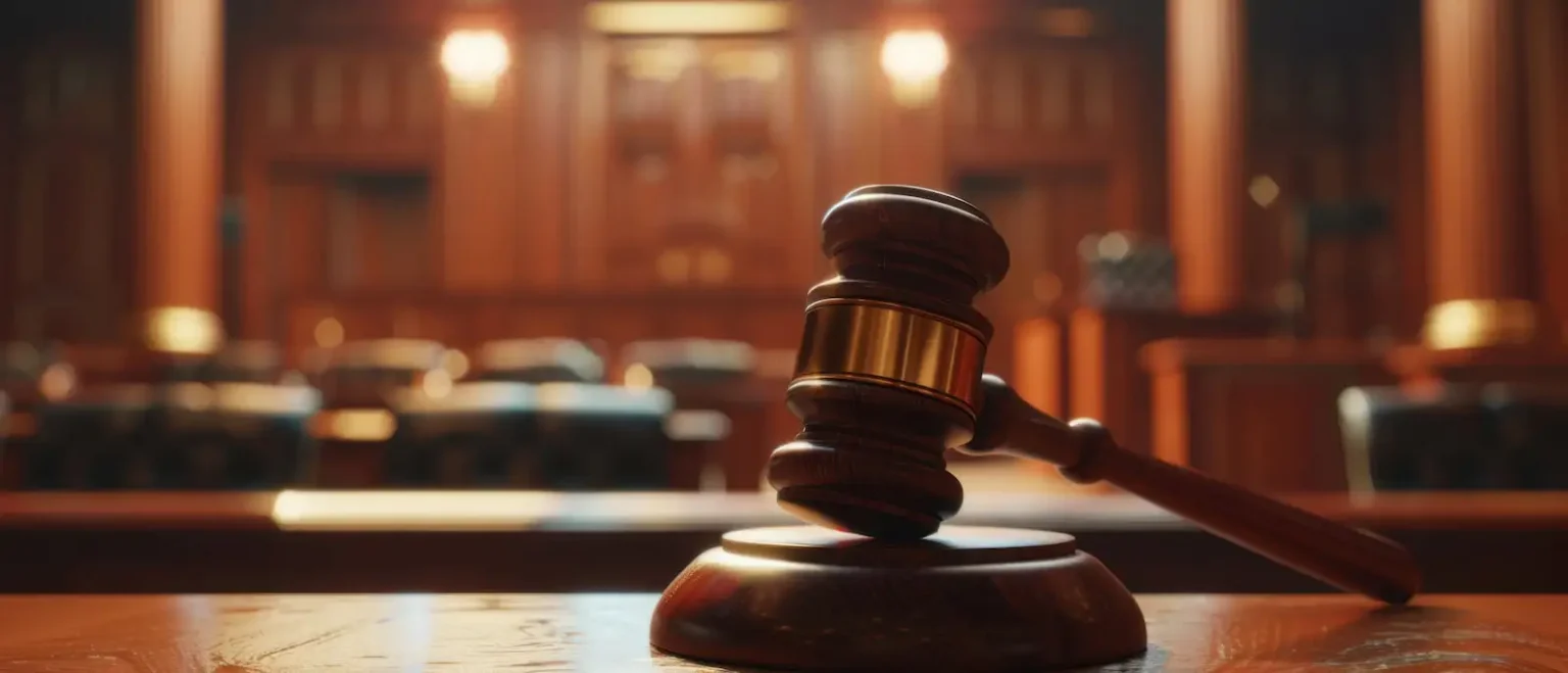 Close-up of a wooden judicial gavel on a polished wooden desk in a blurred courtroom