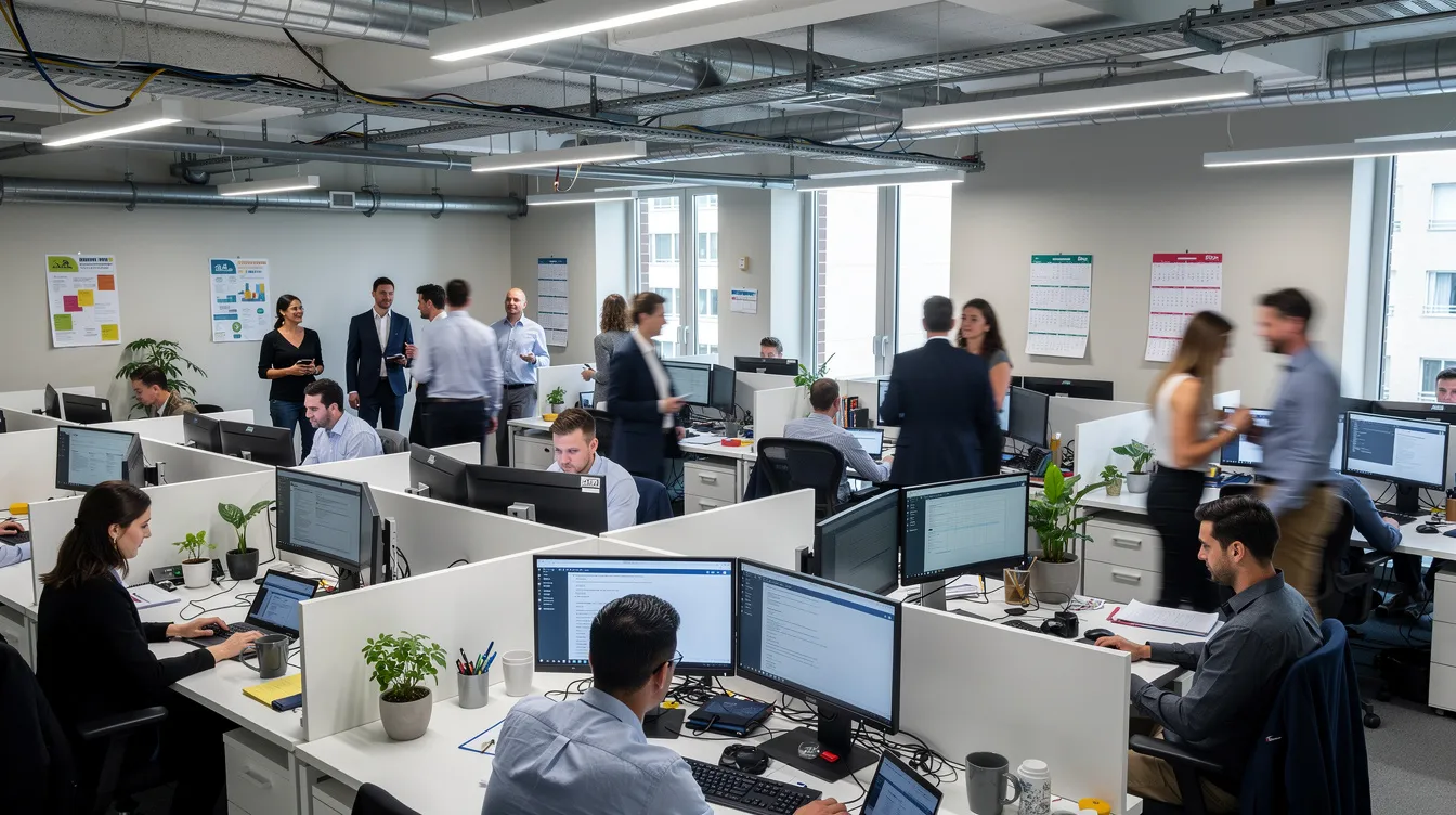 The image depicts a busy open-plan office filled with bright overhead lights, where multiple desks are closely arranged, and people are actively moving around, engaging in social interactions. This environment may present challenges for autistic individuals due to sensory processing differences and varying communication styles, highlighting the importance of understanding diverse workplace needs.