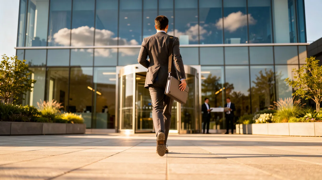 A confident person walks into a modern office building on a sunny morning, embodying resilience and strength. This image symbolizes the journey of individuals who may have faced traumatic events, such as service members dealing with PTSD, as they navigate their professional lives and seek mental health support.