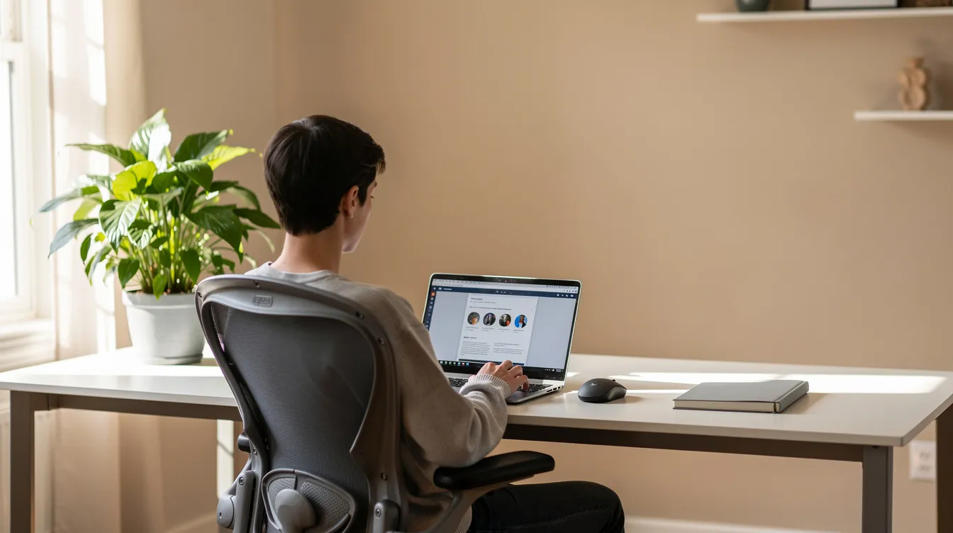The image depicts a person working comfortably in a home office, featuring a clean desk with a laptop and a nearby plant, illustrating a serene workspace that can benefit individuals, including autistic adults, who may thrive in a calm environment. This setting highlights the importance of supportive spaces for enhancing focus and productivity, especially for those navigating challenges related to autism spectrum disorder.