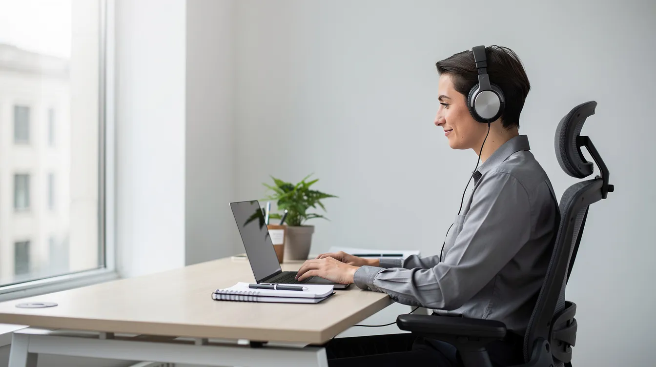 An autistic person is calmly working at an organized desk in a quiet office environment, wearing headphones that help manage sensory input. This scene highlights the importance of creating supportive spaces for autistic individuals, allowing them to thrive in their daily lives and job skills.