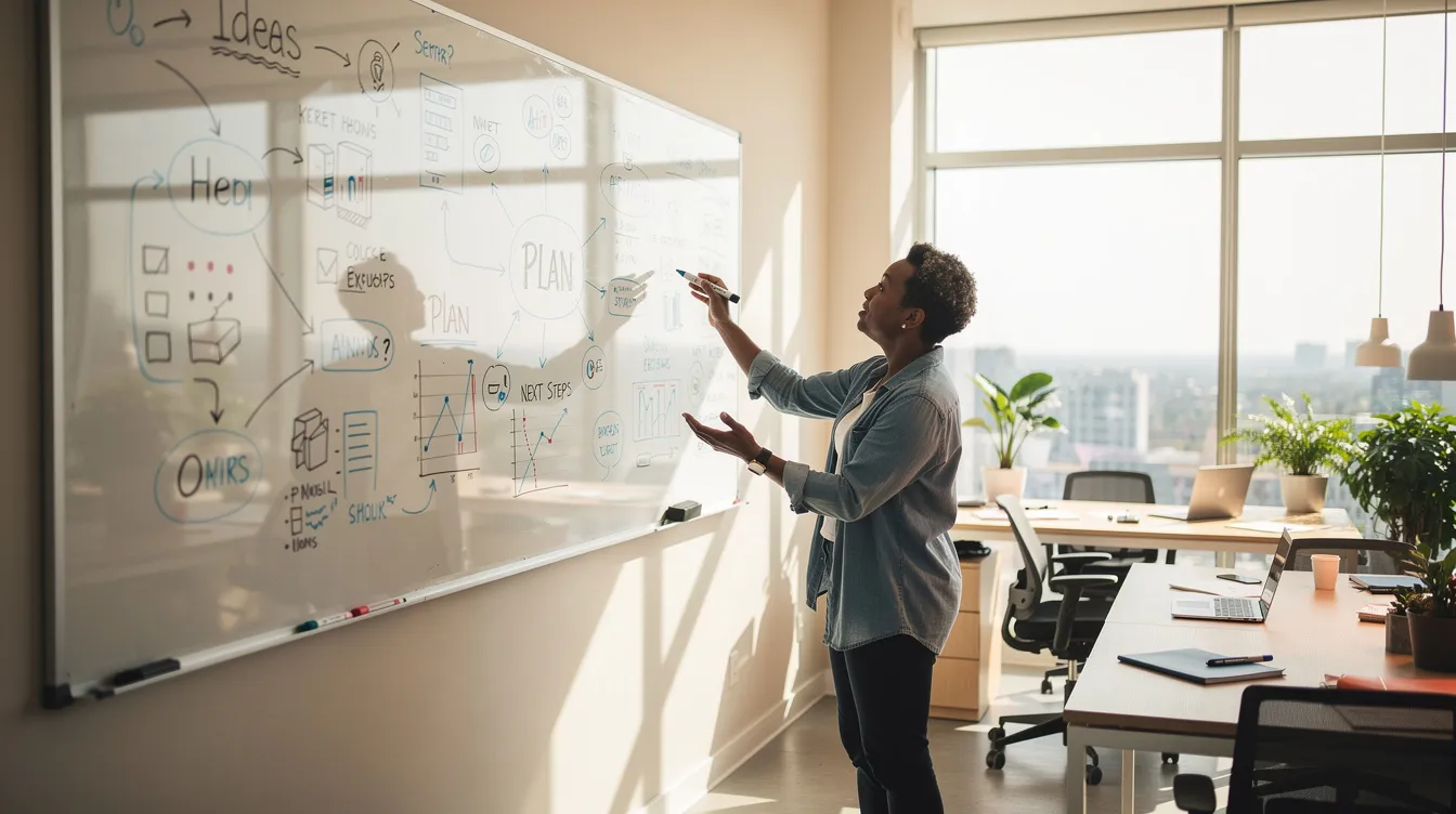 A person is confidently brainstorming ideas on a whiteboard in a bright, modern workspace, showcasing their focus and creativity. This scene highlights the importance of effective accommodations for individuals with ADHD, as they navigate their work environment to increase productivity and manage symptoms.