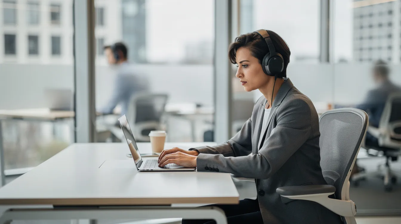 A focused individual is working at a laptop in a modern office, wearing noise-canceling headphones to enhance concentration. This scene illustrates how effective accommodations can help individuals with ADHD manage their symptoms and increase productivity in a professional setting.