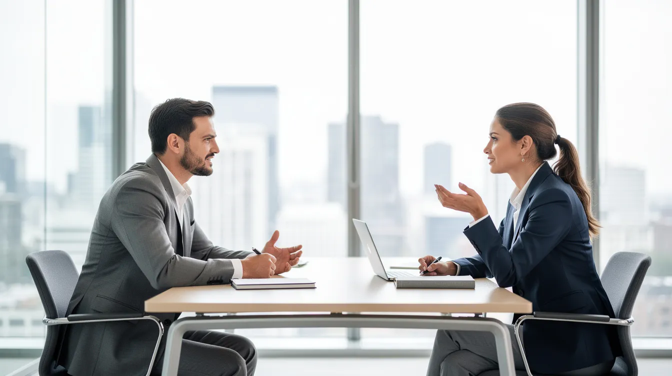 The image shows two individuals engaged in a calm and professional conversation across a desk in a modern office setting, reflecting a supportive environment that may be conducive to discussing mental health conditions and therapies, such as those related to PTSD. Their focused interaction suggests a commitment to addressing mental health problems and fostering positive emotions in a workplace context.