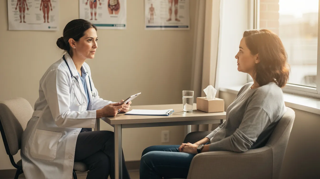The image depicts a person sitting across from a healthcare professional in a calm office environment, engaged in a consultation about ADHD diagnosis and potential accommodations for managing symptoms. This setting illustrates the importance of mental health support and the discussion of disability benefits related to attention deficit hyperactivity disorder.