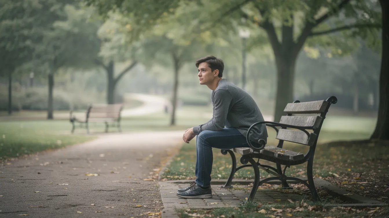 A person sits alone on a bench in a quiet park, gazing thoughtfully into the distance, possibly reflecting on past traumatic events and the impact of post-traumatic stress disorder (PTSD) on their mental health. The serene environment contrasts with the internal struggles that may include anxiety disorders and distressing memories.