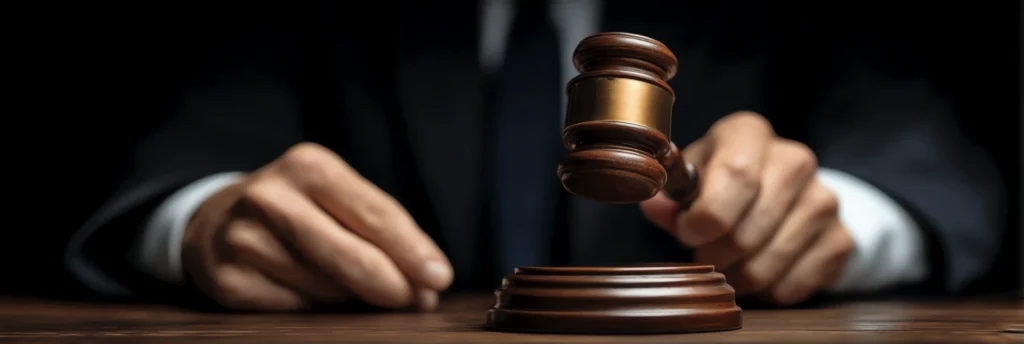 Closeup of a judge holding a gavel about to strike it against a sound block