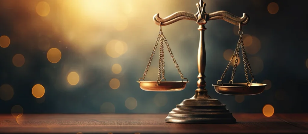 Legal scales of justice sitting on top of a wooden surface with a blurred-out background