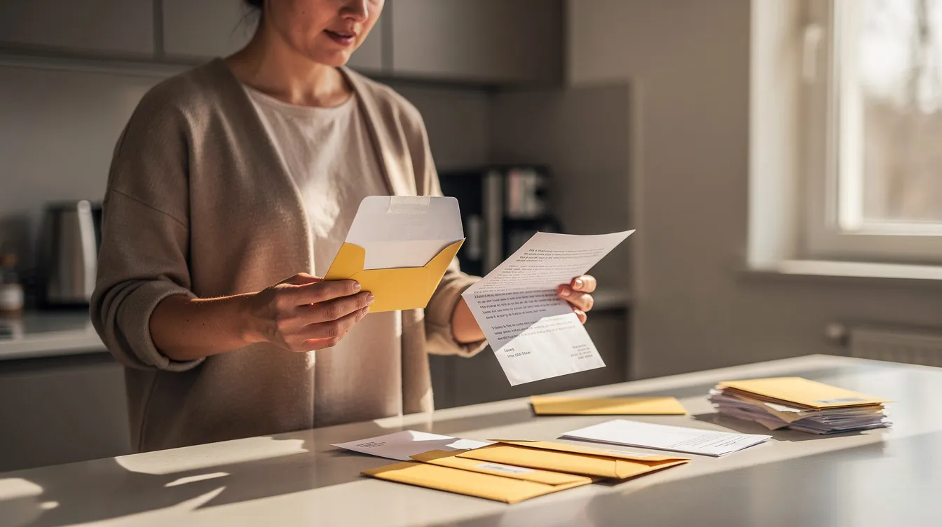 A person stands at their kitchen counter, reviewing mail while holding an envelope and a letter, possibly related to employment discrimination or an EEOC complaint. The scene captures the importance of addressing issues like workplace discrimination and equal employment opportunity.