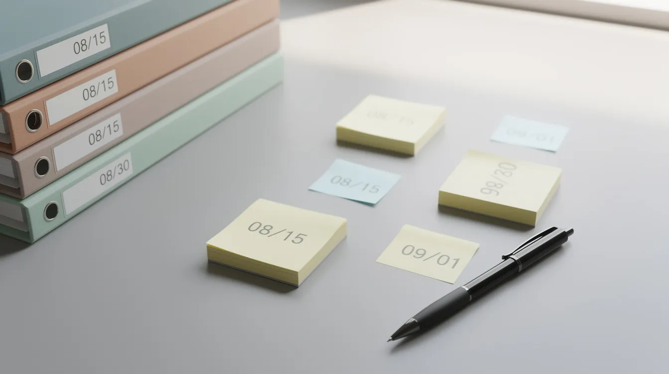 The image shows a close-up view of a neatly organized desk featuring folders, sticky notes with various dates, and a pen, creating a professional workspace atmosphere. This setup could be used for managing tasks related to employment discrimination complaints or preparing for an EEOC investigation.