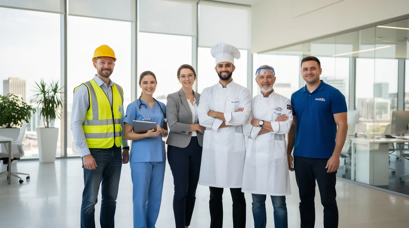 A diverse group of workers in various uniforms stands confidently together in a bright, modern workplace, symbolizing teamwork and collaboration in health-related fields. This image reflects the importance of healthcare providers and diabetes experts in raising awareness about diabetes management and prevention.