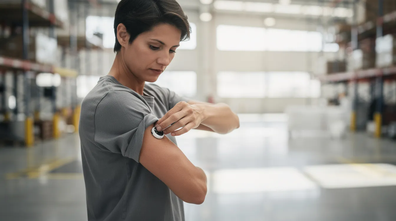 A person is discreetly checking a small medical device on their arm, likely an insulin pump, while standing in a bright warehouse environment. This scene highlights the daily life of people with diabetes as they manage their blood glucose levels in various settings.