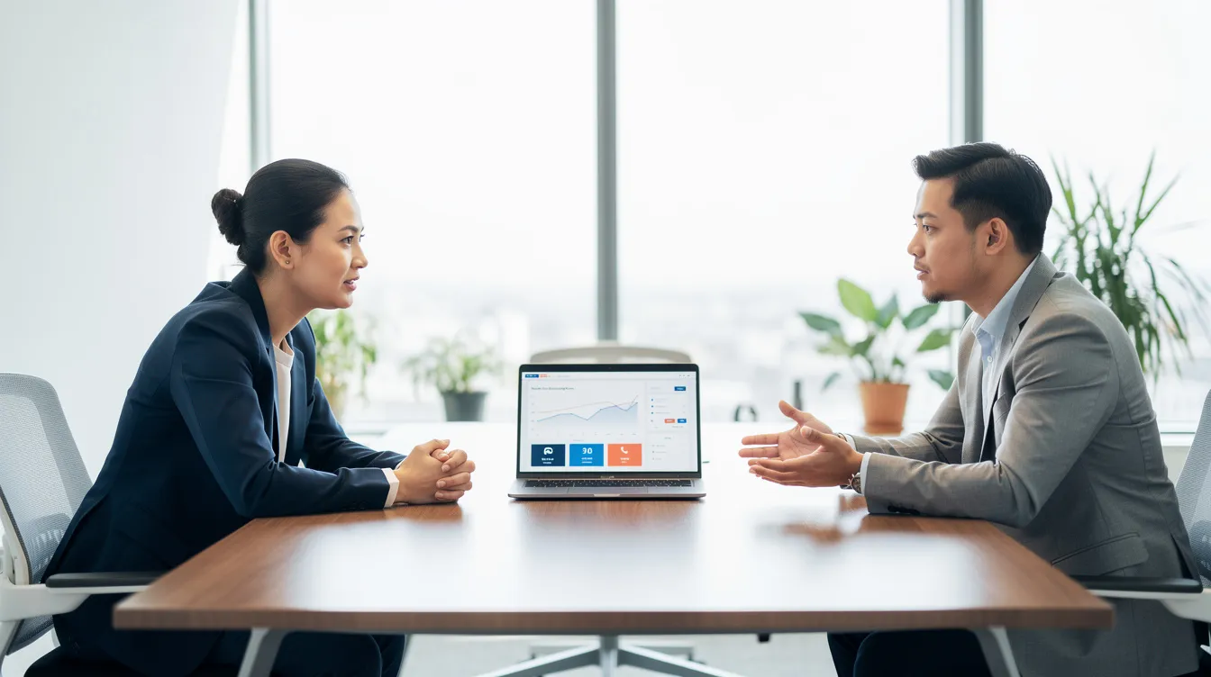 In a bright, modern office, two individuals are engaged in a professional conversation across a table, with a laptop open between them. This setting highlights the importance of support systems and resources for people with diabetes, as they navigate daily life and employment rights under federal law.
