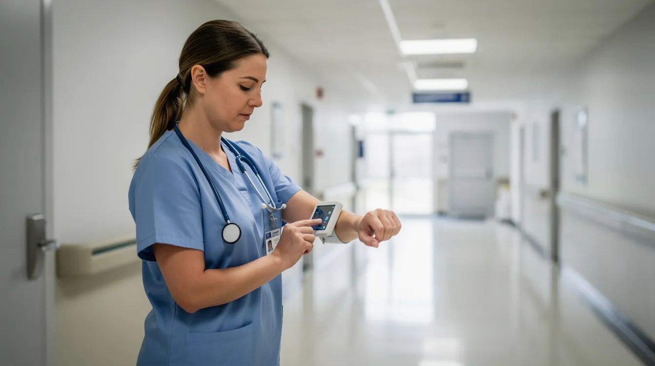 A healthcare worker in scrubs is checking a small device on their wrist while standing in a hospital hallway, highlighting the use of technology in managing diabetes and patient care. This scene reflects the importance of healthcare providers in the treatment and diagnosis of chronic diseases like diabetes mellitus.