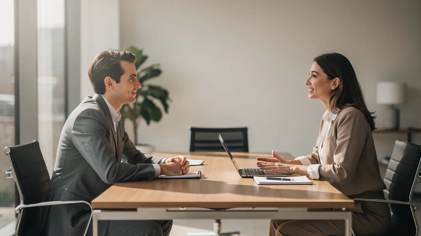 The image depicts two individuals engaged in a calm and professional conversation across a desk in a well-lit office, likely discussing important matters related to employment, such as reasonable accommodations for cancer patients or medical leave laws. Their demeanor suggests a collaborative atmosphere, reflecting the importance of equal employment opportunities and support for individuals facing serious health conditions.
