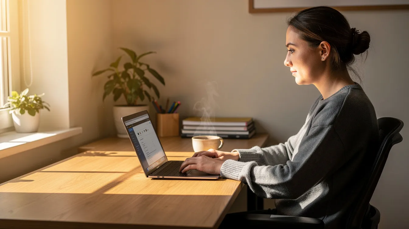 A person sits at a home office desk, focused on their laptop while enjoying a cup of tea, with sunlight streaming through the window, creating a calm atmosphere. This scene reflects the importance of reasonable accommodations for individuals managing serious health conditions, such as cancer, while balancing work and personal life.