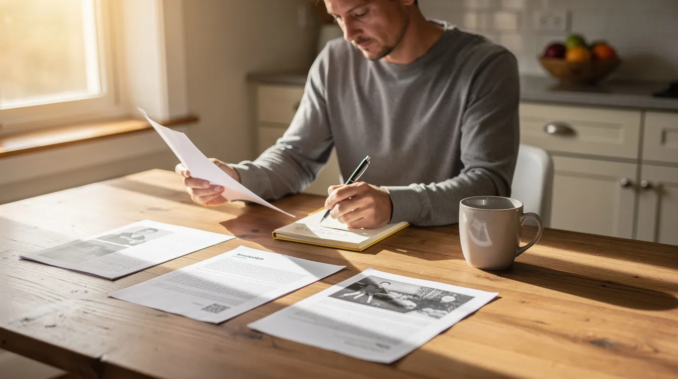 A person sits at a kitchen table, surrounded by printed documents related to employment discrimination, including notes on the Equal Employment Opportunity Commission (EEOC) and its processes for filing complaints. They appear focused, writing down important information, possibly about how to file a charge of discrimination regarding unfair treatment in the workplace.