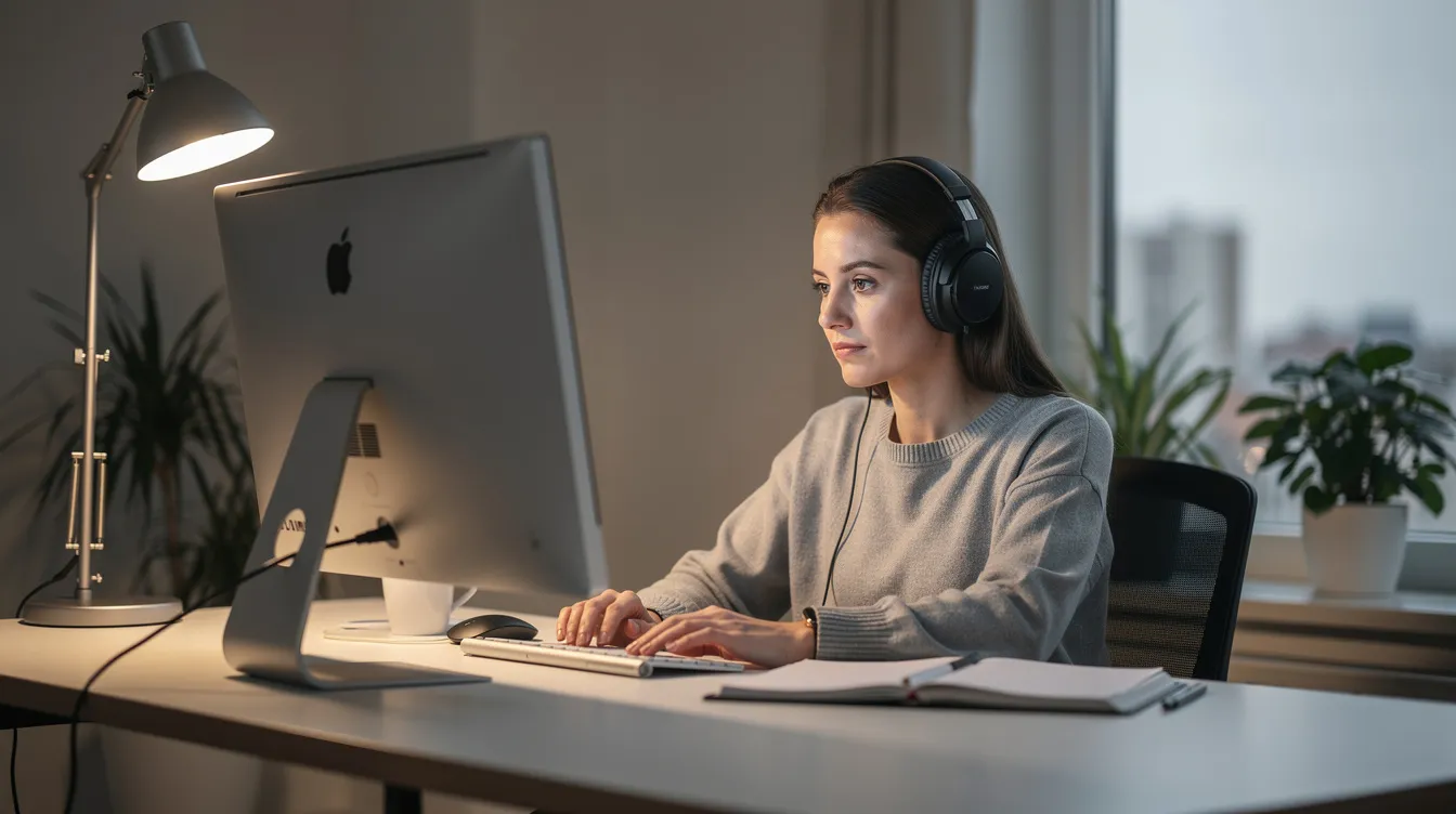 A person wearing headphones is focused on their computer in a quiet, softly lit office space, embodying a calm work environment that can be beneficial for individuals managing serious health conditions like cancer. This setting reflects the importance of reasonable accommodations in the workplace, allowing employees to enjoy equal employment opportunities while navigating their medical needs.