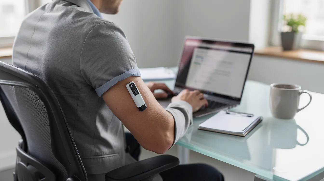 A person is sitting at a desk in an office, wearing a continuous glucose monitor sensor on their upper arm, indicating their management of diabetes. This technology aids individuals living with diabetes in monitoring their blood sugar levels effectively while they work.