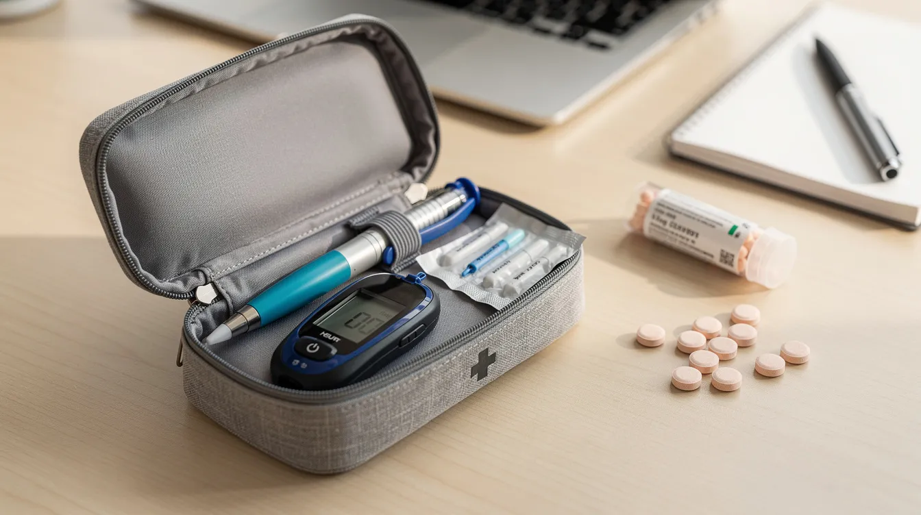 A small diabetes supply kit containing an insulin pen and glucose tabs is placed on a clean work desk, highlighting essential tools for people living with diabetes. This setup reflects the importance of proper management and treatment for individuals diagnosed with diabetes mellitus.